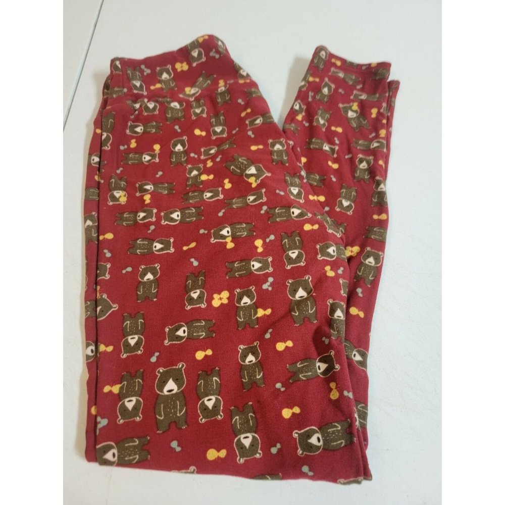 LulaRoe Leggings OS One Size Burgundy & Brown Bears